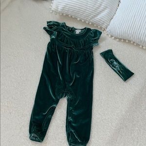 Cat and Jack green velvet romper and headband set